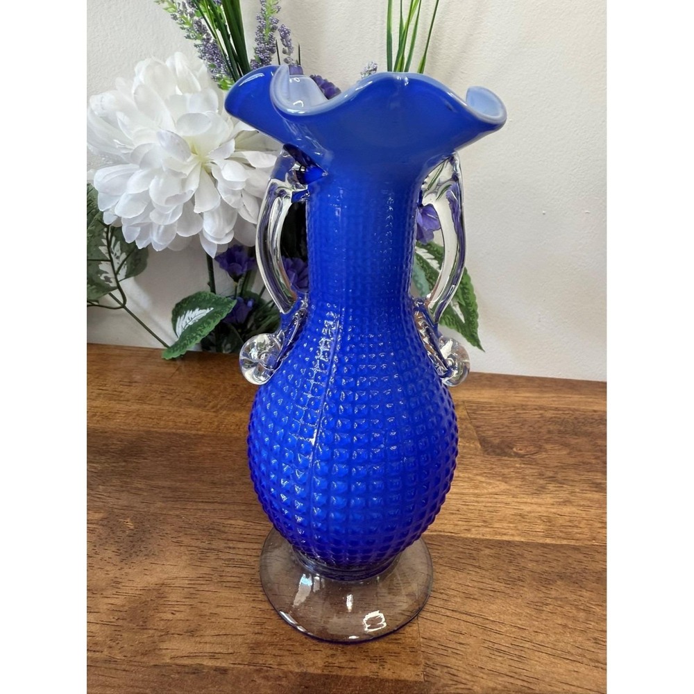 Vintage Cobalt Blue Hobnail Glass Vase with Ruffled Rim and Clear Applied Handle